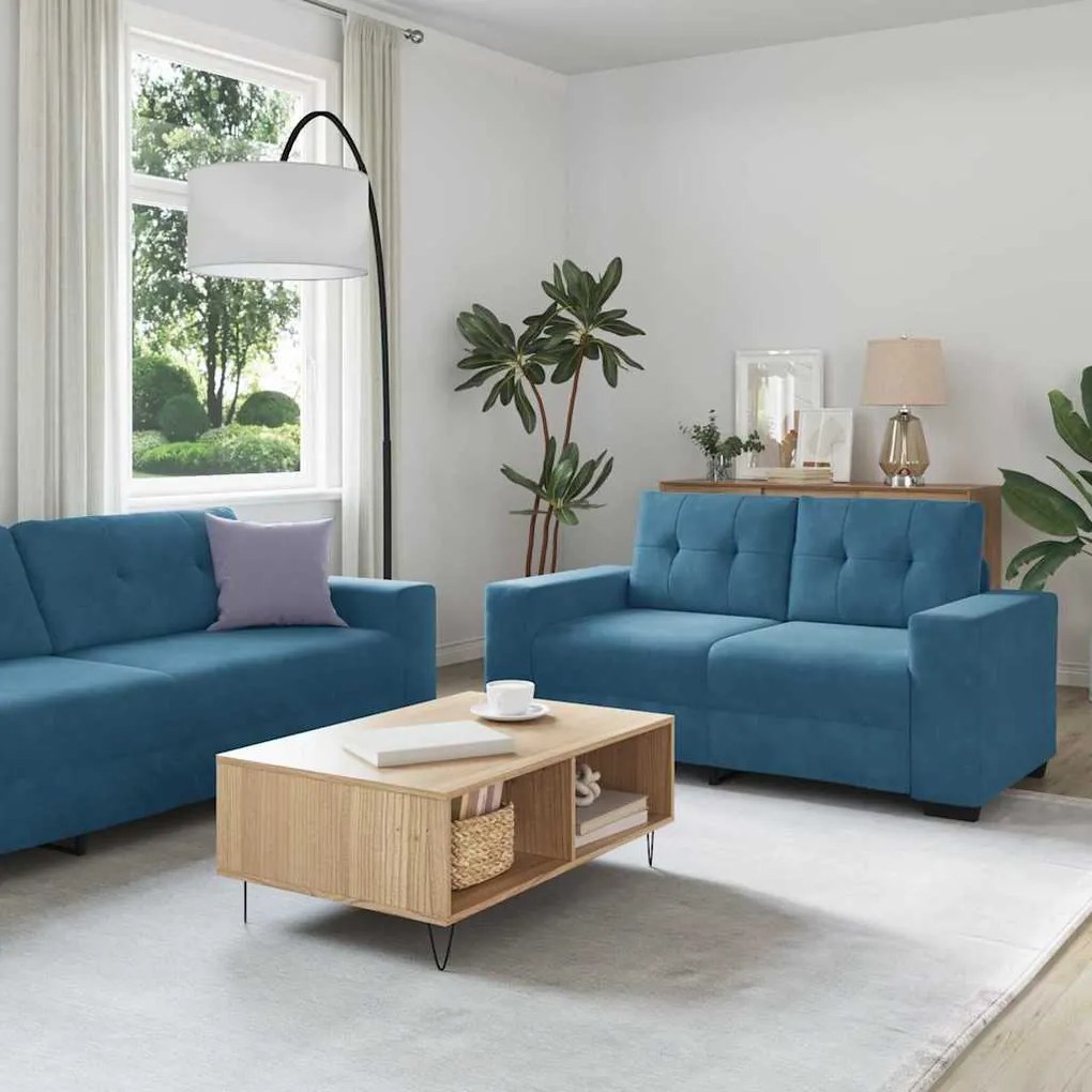 Conjunto de Sofá 2 Peças com Almofadas Veludo Azul