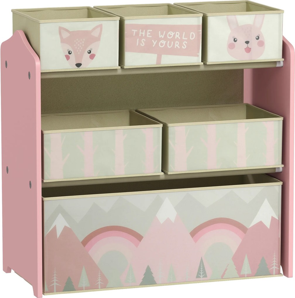 ZONEKIZ Estante para Brinquedos com 6 Caixas de Tecido não Tecido Amovíveis Organizador de Brinquedos 63x30x66 cm Rosa | Aosom Portugal