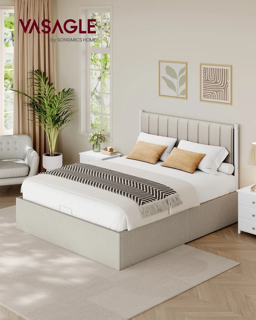 Estrutura de cama 160 x 200 cm (COLCHÃO NÃO INCLUIDO) com arrumação sob a cama; cabeceira em bege cappuccino