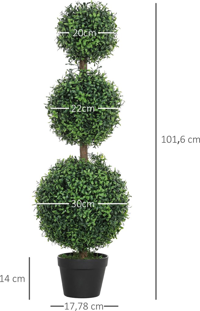 Conjunto de 2 árvores artificiais de 101,6 cm com 3 bolas de buxo topiárias, planta artificial verde em PE, com vaso interior e exterior