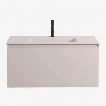 Conjunto De Móvel De Casa De Banho Suspenso Em Madeira Com Lavatório Integrado Macrae Crema Linho & Sem Espelho & Preto Mate, 20 Cm, Com Válvula De Es