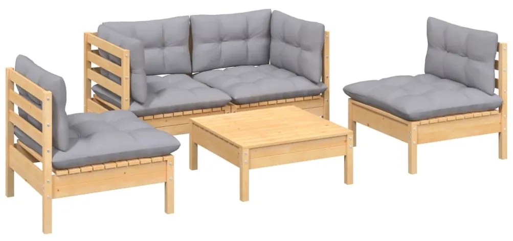 5 pcs conjunto lounge de jardim + almofadões cinza pinho maciço