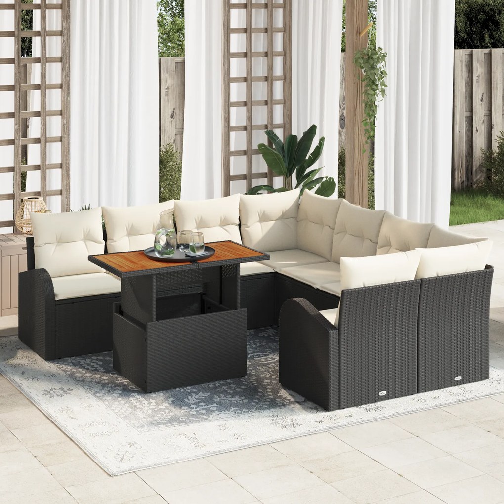 Conjunto de Sofás de Jardim de 9 Peças com Almofadas de Rattan Preto,