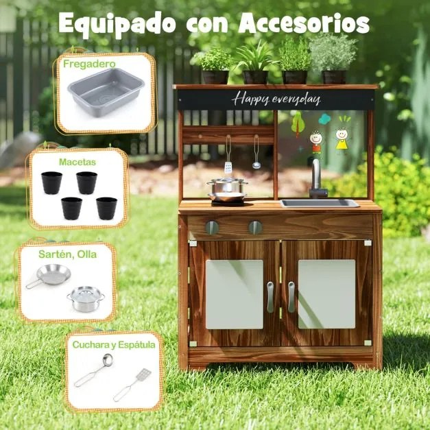 Cozinha brincar 68 x 35 x 97 cm com acessórios para 3+ anos com Vasos para plantas Torneira para plantas Lava-loiça amovível e fogão duplo Castanha
