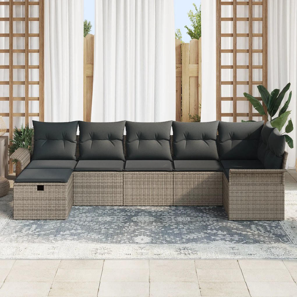 Conjunto de Sofás de Jardim de 7 Peças com Almofadas Cinza Vime PE