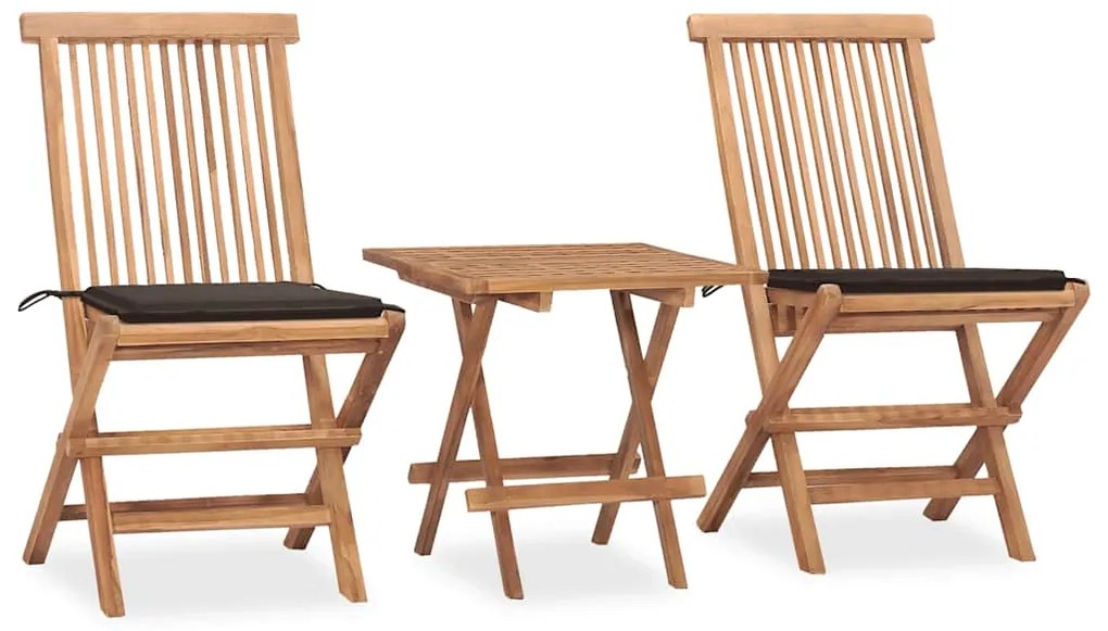 3 pcs conj. jantar dobrável exterior c/ almofadão teca maciça