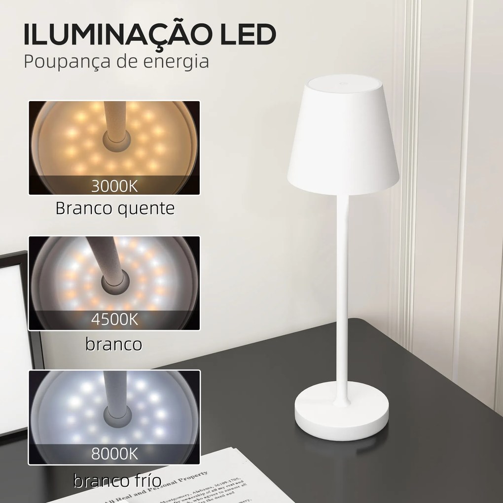 Candeeiro de Mesa com Luzes LED Candeeiro de Mesa Sem Fios Recarregável por USB-C 3 Cores Ø11,2x36,5 cm Branco