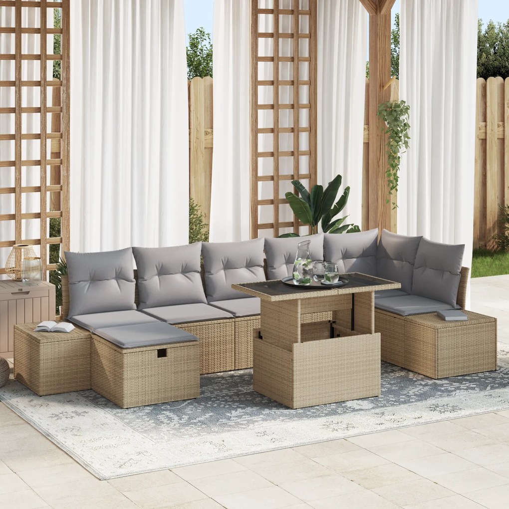 Conjunto de Sofá de Jardim de 8 Peças com Almofadas Bege Rattan Poliés