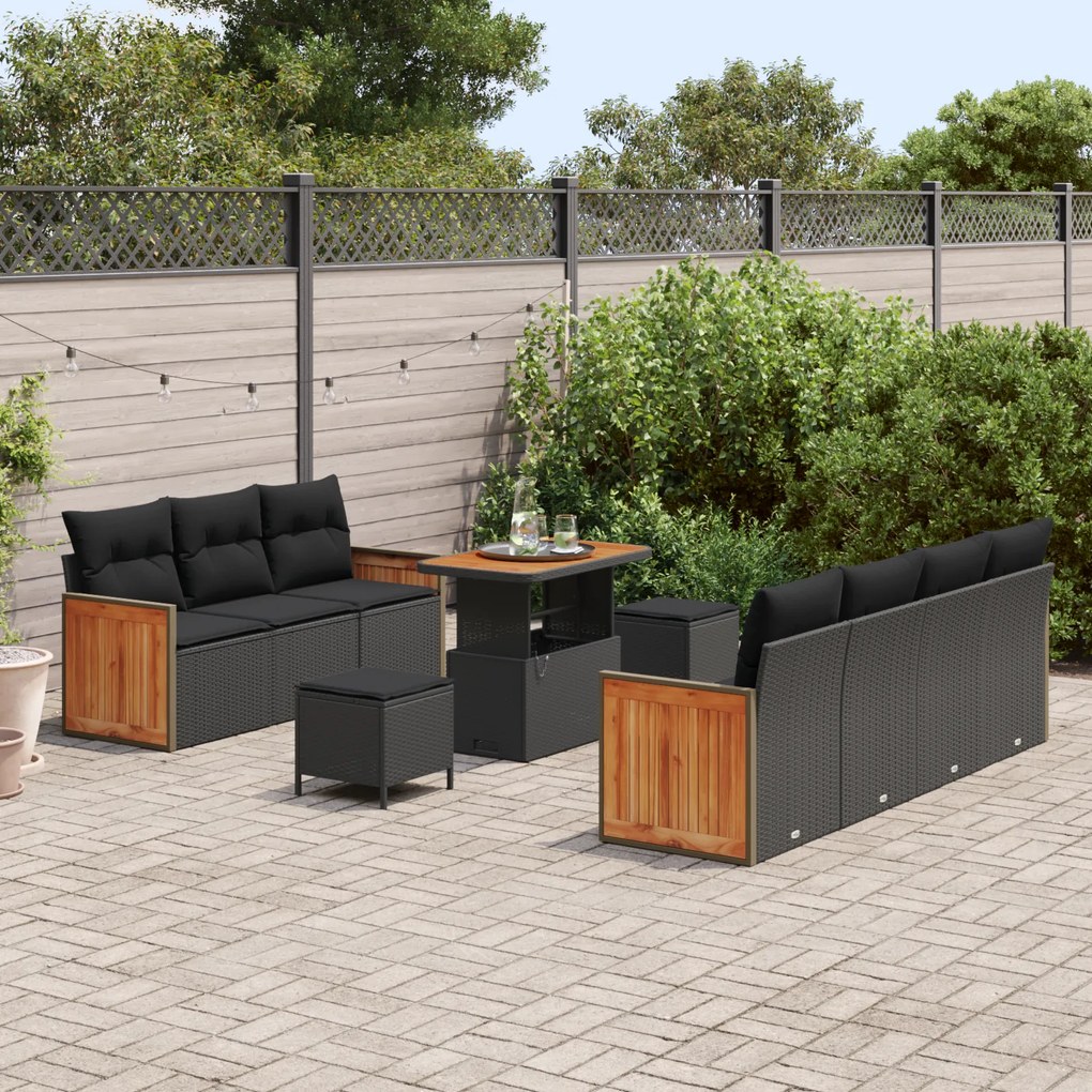Conjunto de Sofá de Jardim de 10 Peças com Almofadas Preto em Rattan P