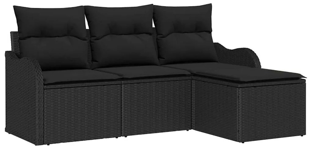 Conjunto de Sofá de Jardim com 4 Peças e Almofadas Pretas de Rattan.