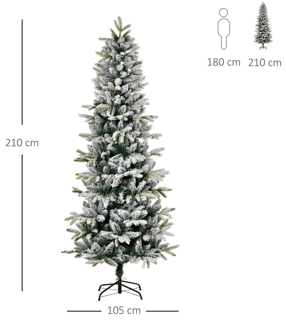 Árvore de Natal Ø105x210cm Neve Artificial com 784 Pontas de Ramos Ignífugos e Suporte de Aço Decoração de Natal para Interiores Verde e Branco