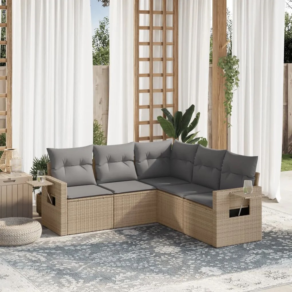 5 pcs conjunto de sofás p/ jardim com almofadões vime PE bege