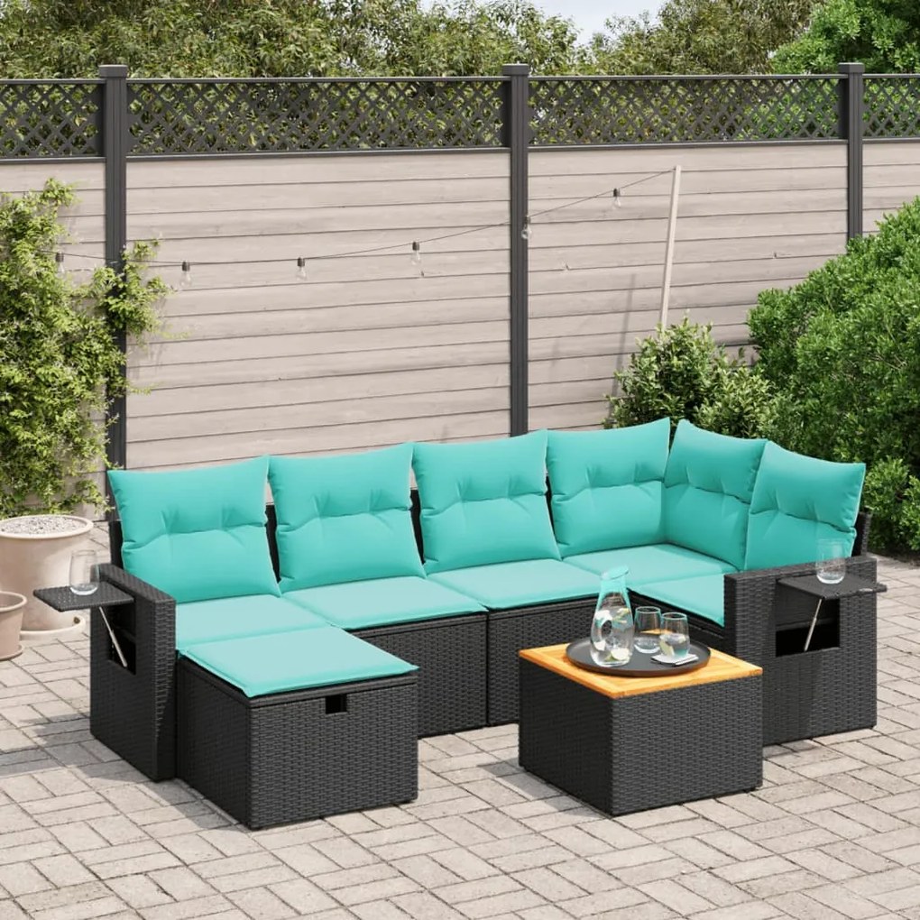 vidaXL 7 pcs conjunto de sofás p/ jardim c/ almofadões vime PE preto