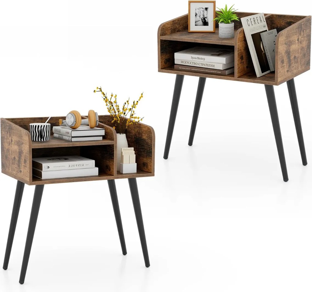 Conjunto de 2 mesas de cabeceira, Mesa de apoio modernas de meados do século de 2 níveis 50 x 32 x 58 cm Castanho