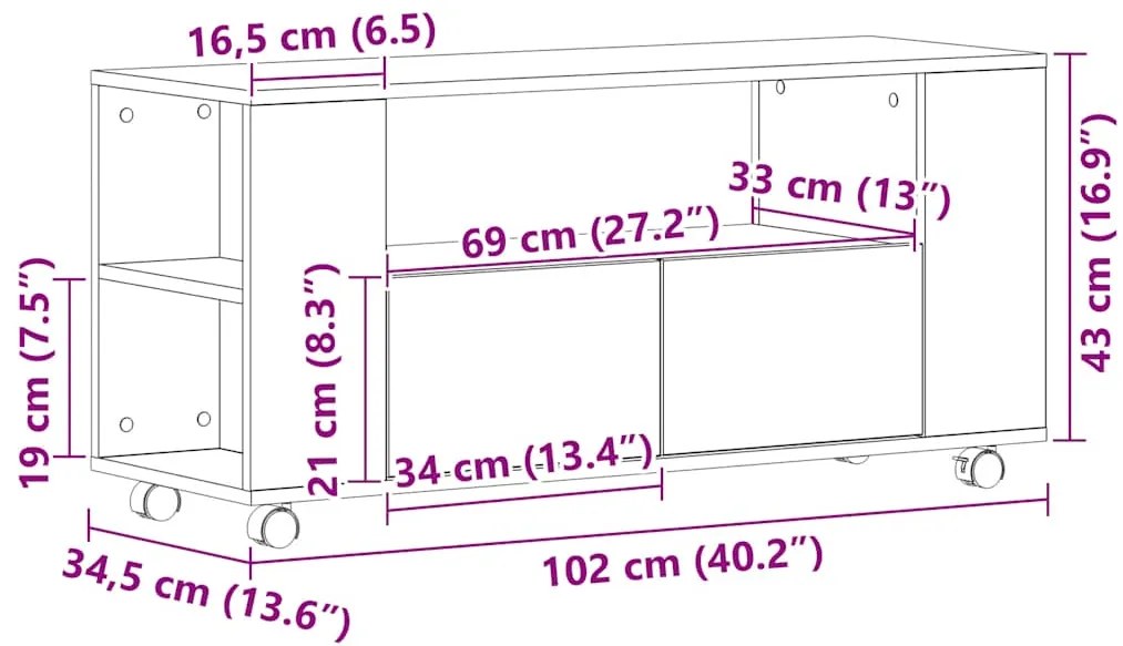 Móvel TV c/rodas 102x34,5x43cm deriv.madeira carvalho preto