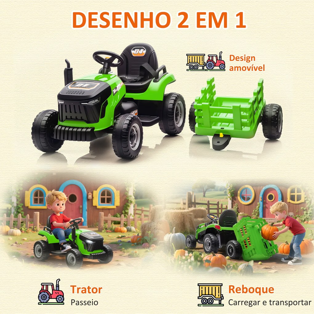 Trator Elétrico para Crianças com Reboque Desmontável Bateria 12V Velocidade 3-5 km/h Controle Remoto 2,4G 139x58x55 cm Verde