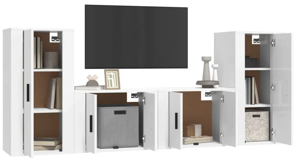 4 pcs conjunto móveis de TV madeira processada branco brilhante