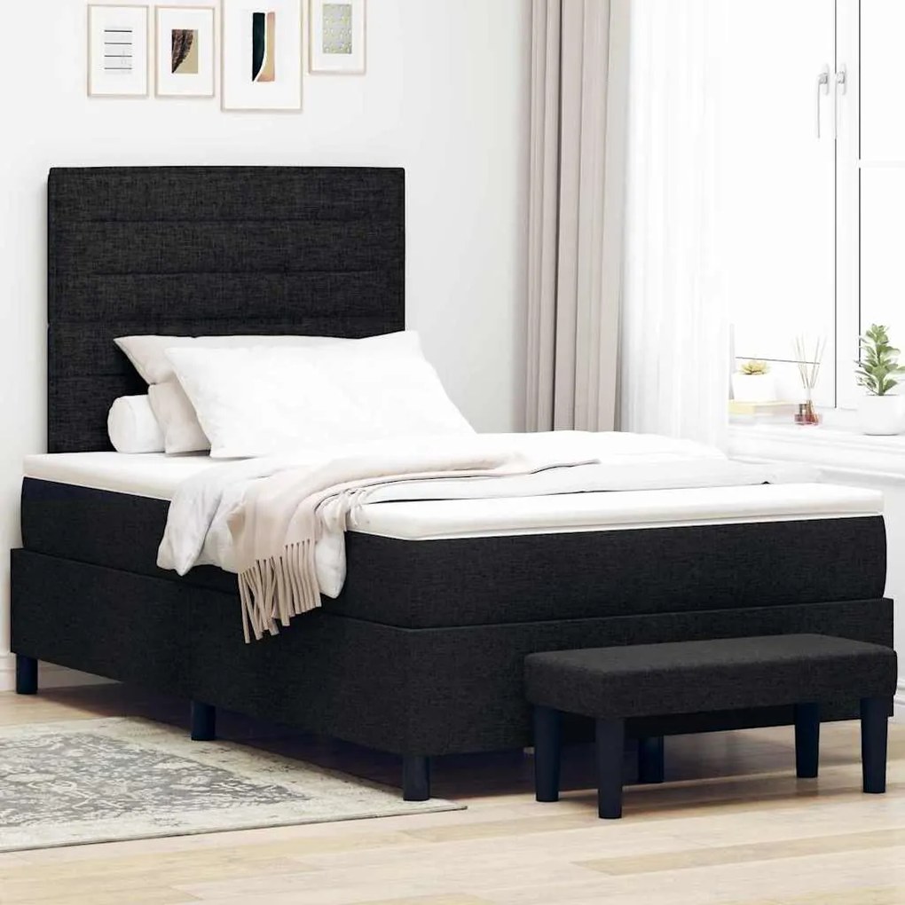 Cama com Box Spring com Colchão e Banco Preto 120x190 cm Tecido