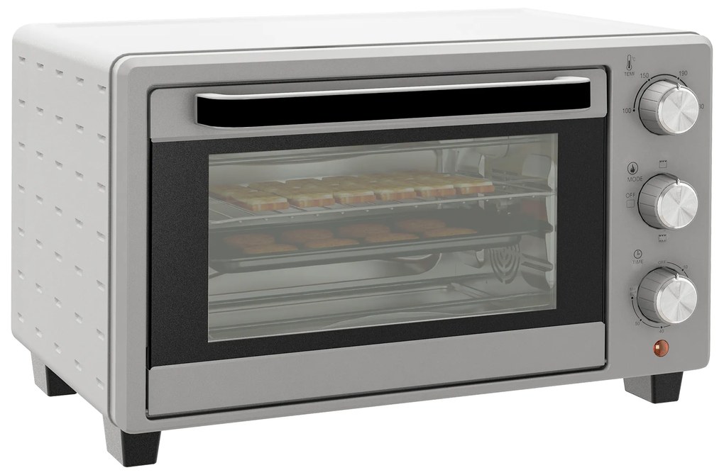HOMCOM Mini Forno Elétrico 21L 1400W com Temporizador até 60min e Temperatura Ajustável até 230℃ 46x38,5x29 cm Prata