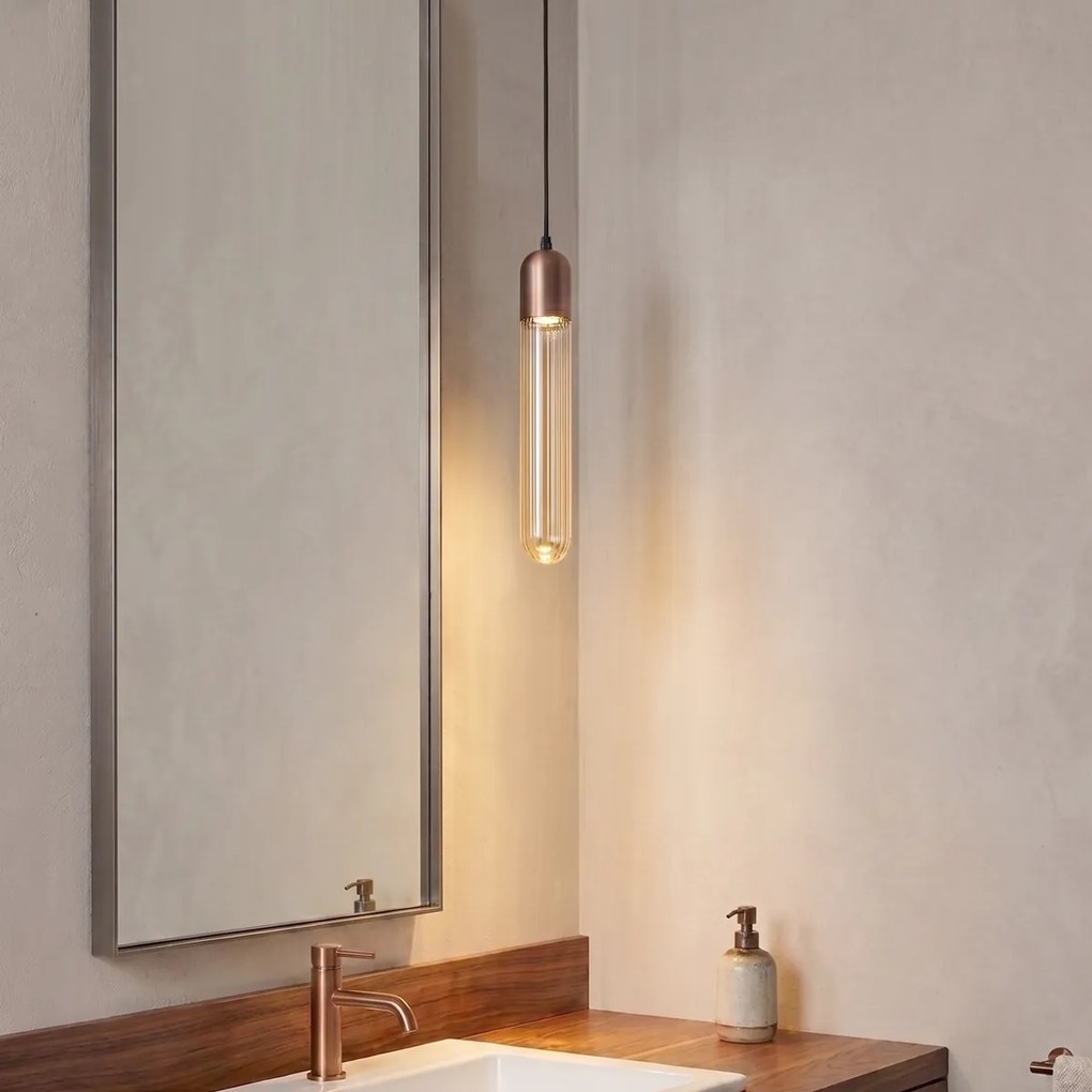 Candeeiro Suspenso Art Deco Bronze Escuro com Vidro Canelado IP44 - Walcott