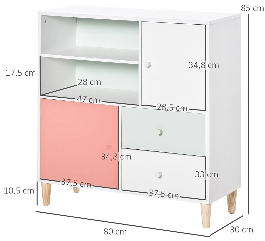 HOMCOM Móvel Infantil Cómoda para Crianças com 2 Compartimentos 2 Gavetas e 2 Armários para Armazenamento de Livros Brinquedos Roupa 80x30x85cm Coral Verde Menta Branco