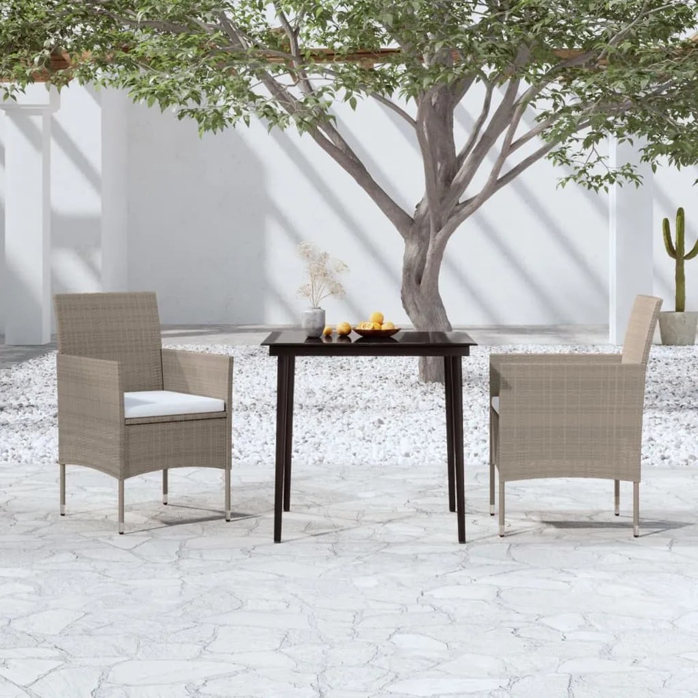 vidaXL 3 pcs conjunto de jantar para jardim c/ almofadões bege e preto