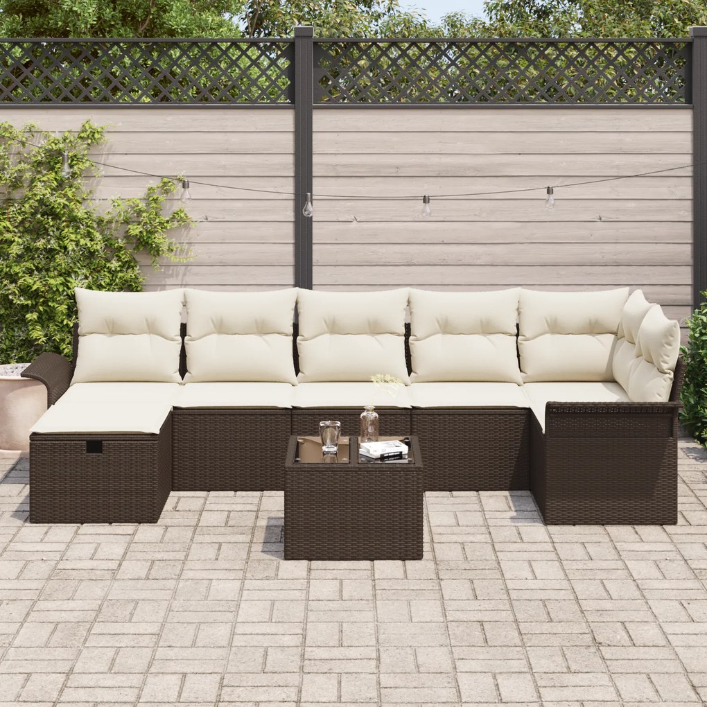 Conjunto de Sofás de Jardim de 8 Peças com Almofadas Castanho Rattan P