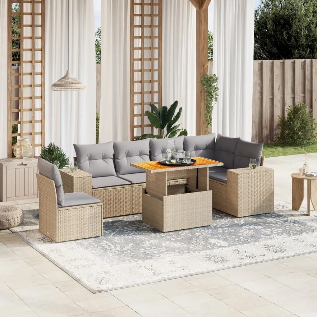 7 pcs conjunto de sofás p/ jardim com almofadões vime PE bege