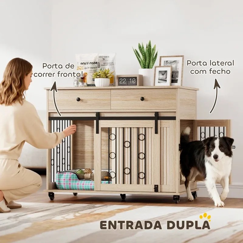 Gaiola para Cães Médios e Grandes Mesa de Apoio Moderna com 2 Gavetas 2 Portas e Fecho 100x56x81 cm Carvalho