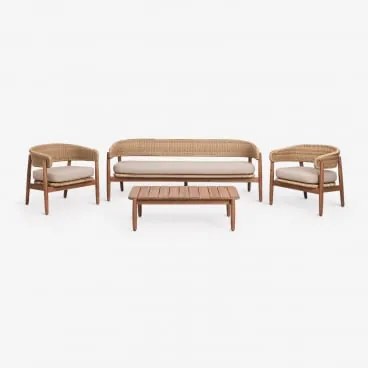 Conjunto De Jardim Com Sofá De 3 Lugares, 2 Poltronas E Mesa De Centro Em Madeira De Acácia Ribeira Castanho Acácia - Sklum