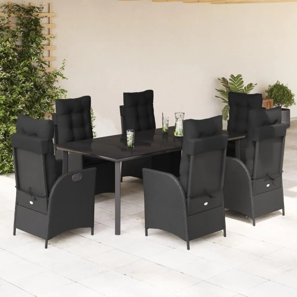 vidaXL 7 pcs conjunto de jantar p/ jardim c/ almofadões vime PE preto