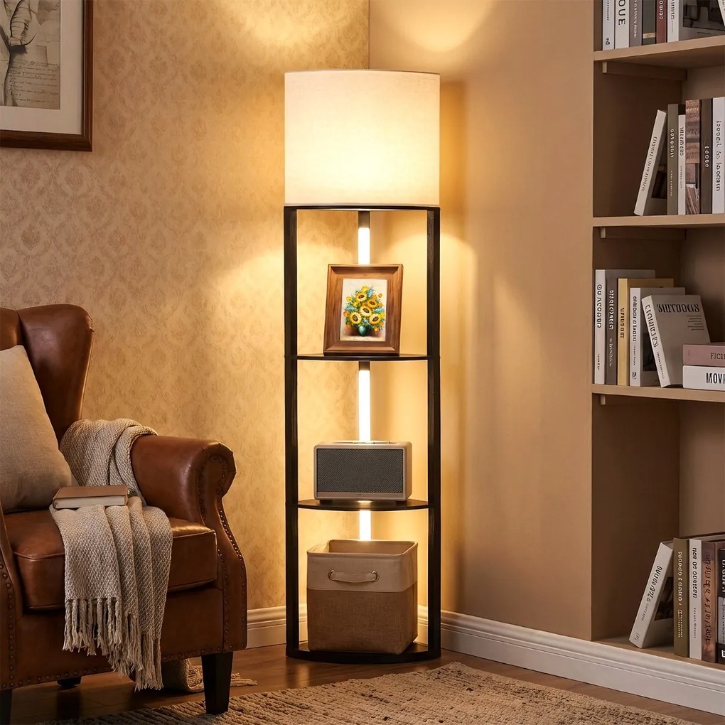 Candeeiro de pé moderno com prateleiras de 3 níveis Luzes LED reguláveis Abajur de linho Interruptor de pé para sala de estar ou quarto Preto