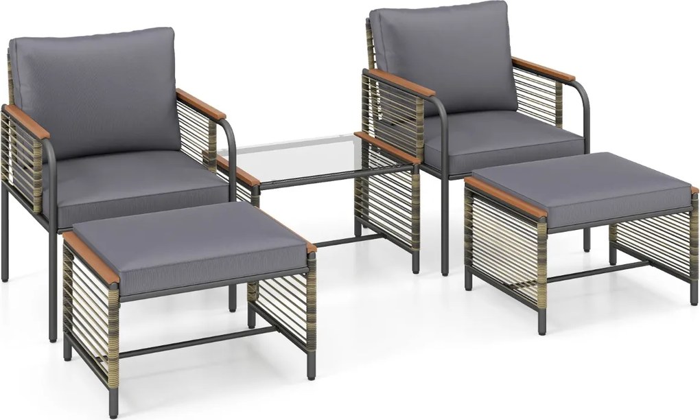 Conjunto de jardim 5 peças Rattan com Almofadas 2 Pufes Mesa de Vidro temperado cinzento