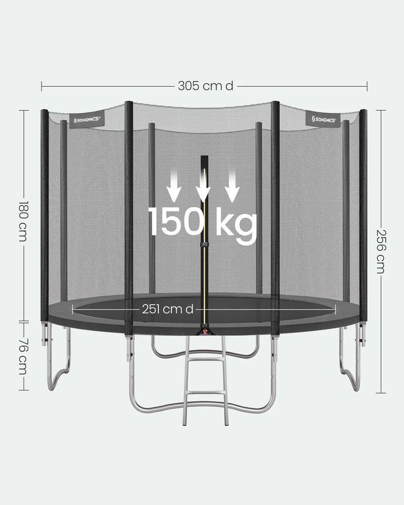 Trampolim de 305 cm com rede de segurança de 180 cm e varas e escada preto