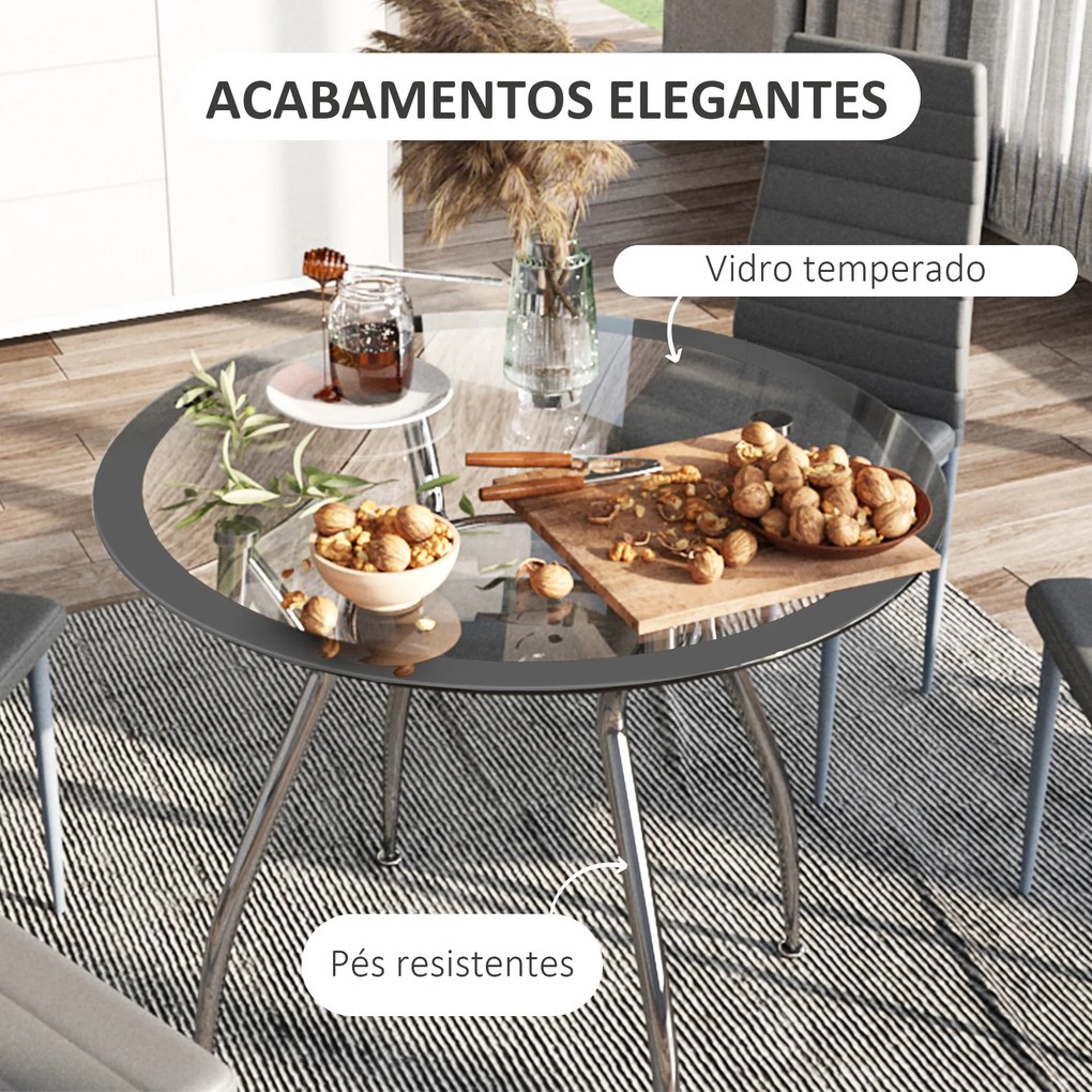 Conjunto de Refeição Conjunto de 5 Peças Mesa Redonda de Vidro Temperado Ø90x75 cm e 4 Cadeiras 42x52x96 cm Cinza