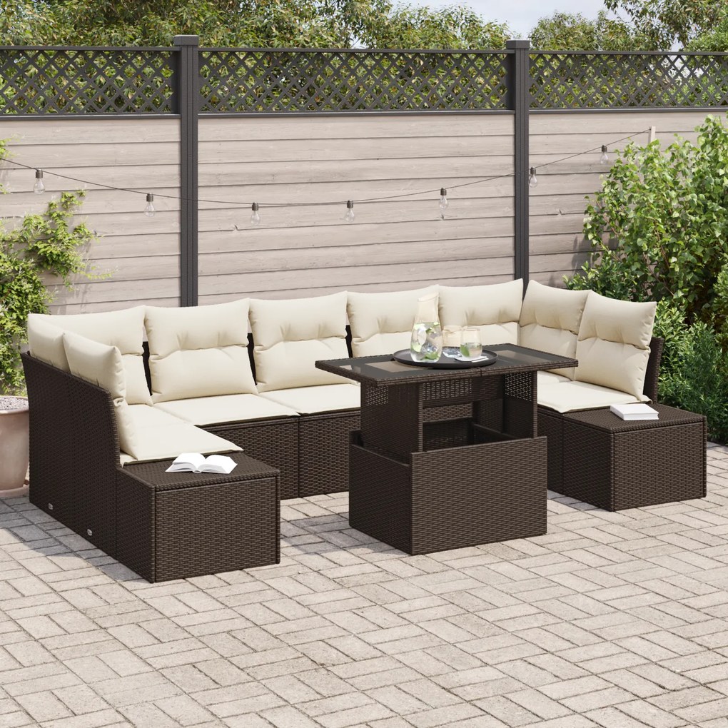 Conjunto de Sofá de Jardim de 8 Peças com Almofadas Castanho em Rattan