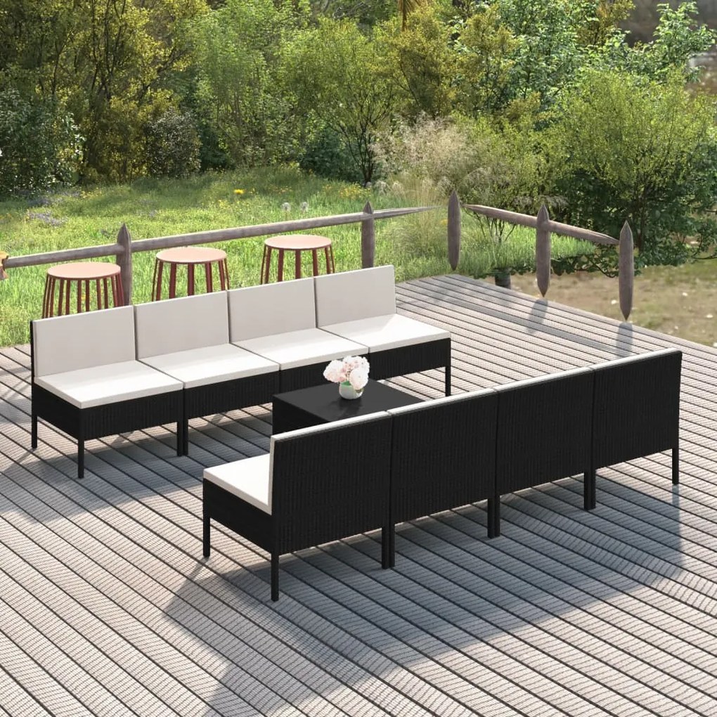vidaXL 9 pcs conjunto lounge de jardim c/ almofadões vime PE preto