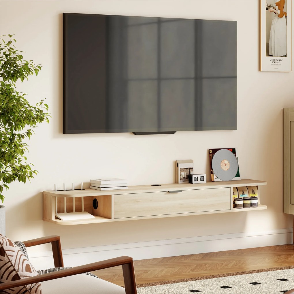 Móvel de TV Suspenso com  Orifício para Cabos Estilo Moderno para Televisão 60 Polegadas 140x24x16 cm Madeira