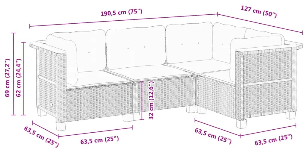 4 pcs conjunto de sofás para jardim c/ almofadões vime PE preto