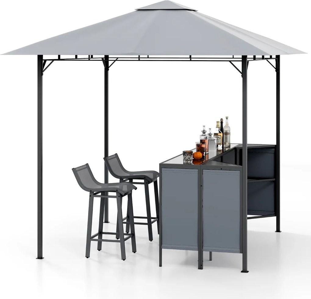 Conjunto de Tenda bar para jardim 245 x 245 x 243 cm com 3 peças com 2 bancos de bar Mesa de bar em vidro temperado Estante de armazenamento Cinza