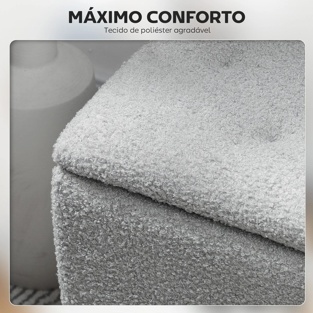 Banco de Armazenamento em Borrego Capacidade 47L Tampa Abatível e Pés de Madeira de Borracha Carga 120 kg 95x38x45 cm Cinza