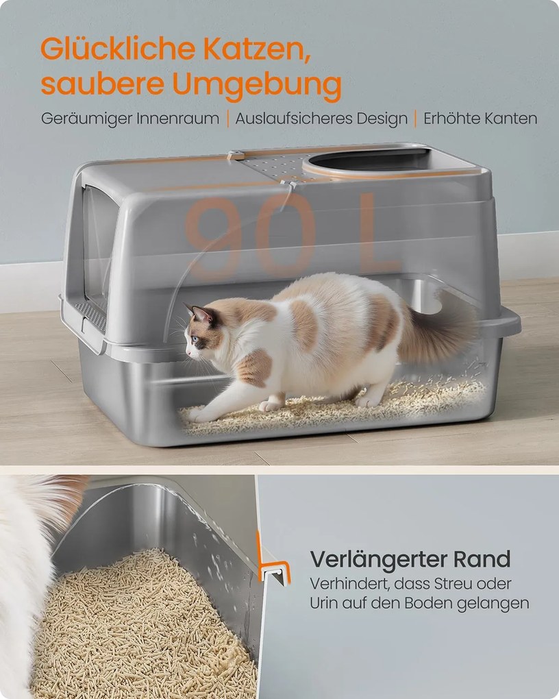 Caixa de areia para gatos em aço inoxidável com pá e escova, cinzenta