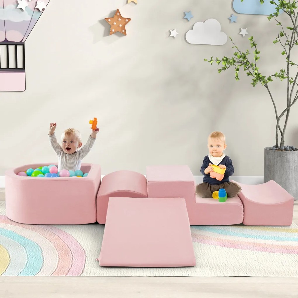 Conjunto de 5 peças para escalada e rampa para crianças Blocos de construção em esponja com piscina de bolas Cobertura lavável Criativa Rosa