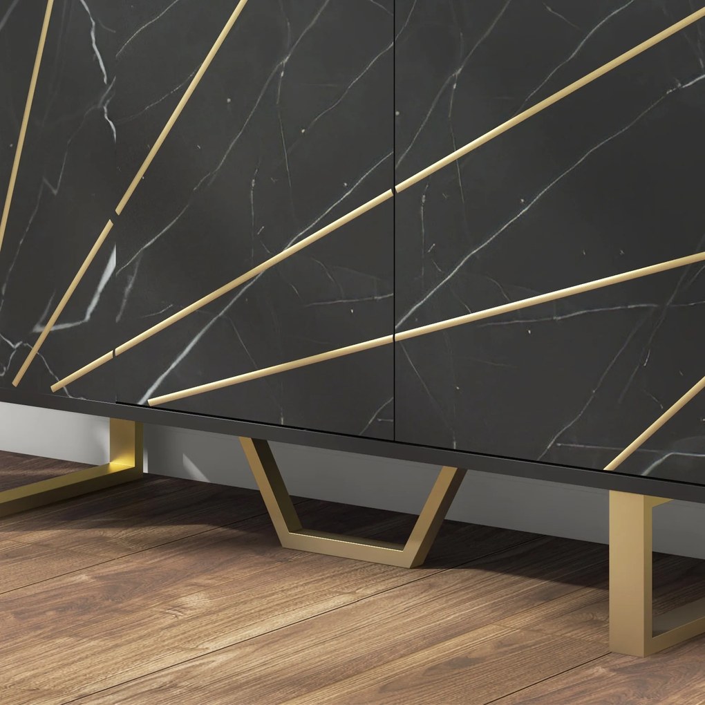Aparador de Sala de Estar com 2 Armários e Prateleira Interior Ajustável com Efeito Mármore 107x35x75 cm Preto e Dourado