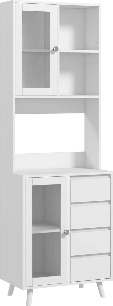 HOMCOM Armário Cozinha Multifuncional 2 Armários Portas Vidro Temperado 4 Gavetas 60x35x180 cm Espaçoso Branco | Aosom Portugal