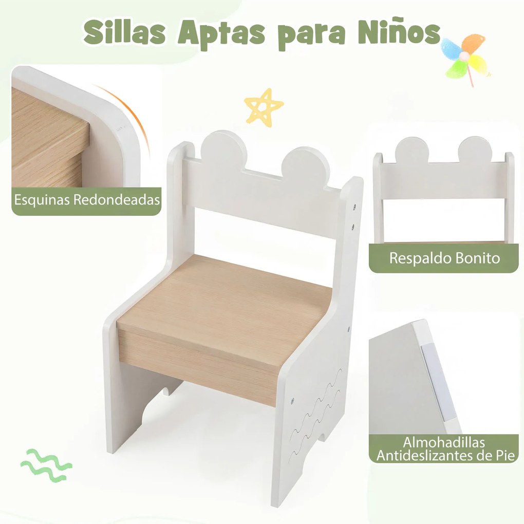Conjunto de mesa e 2 cadeiras infantis; mesa de atividades com gavetas; tecido; dobrável; compartimentos de arrumação; para crianças a partir dos 3 an