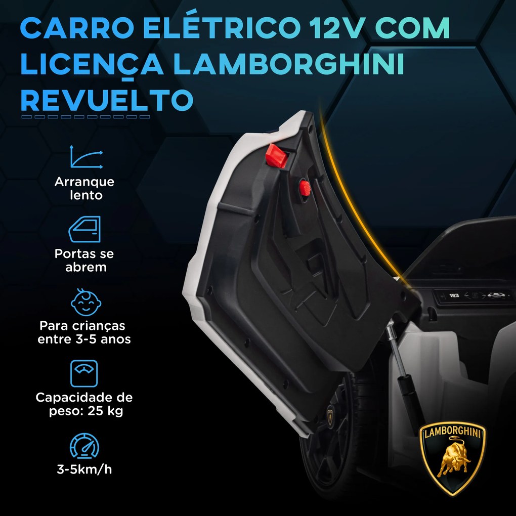 Carro Elétrico para Crianças Carro Lamborghini Revuelto com Bateria 12V  Faróis LED e Música 105x60x40 cm Branco
