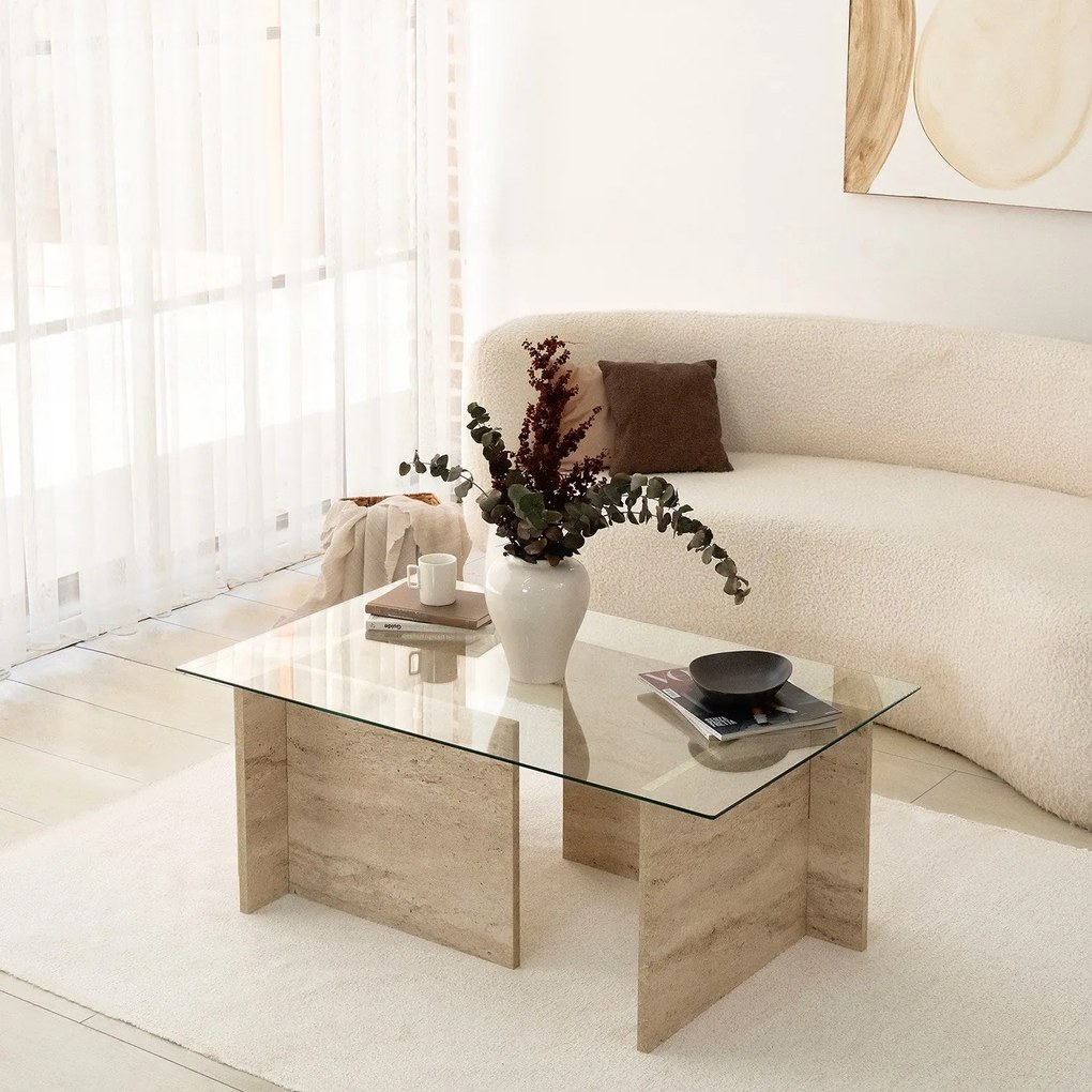 Mesa de Centro em Vidro e Travertino – New Escape – 105x65x40 cm