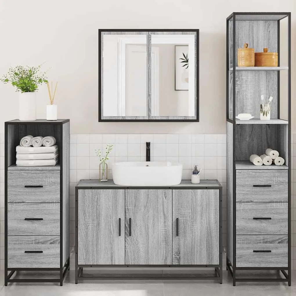 4 pcs Conjunto móveis casa de banho madeira proc. cinza sonoma