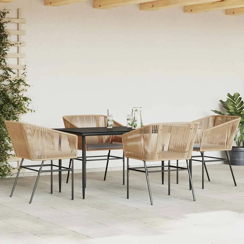 Conjunto jantar jardim 5 peças almofadas vidro vime PE castanho